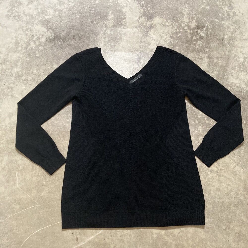 St John Sweater Womens Size Small Black Silk Back Wool V Neck Chic Classic
